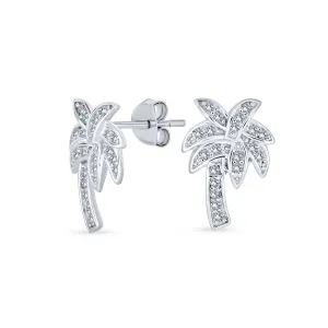 Nautical Hawaiian CZ Stud Earrings with Palm Tree Design in Sterling Silver