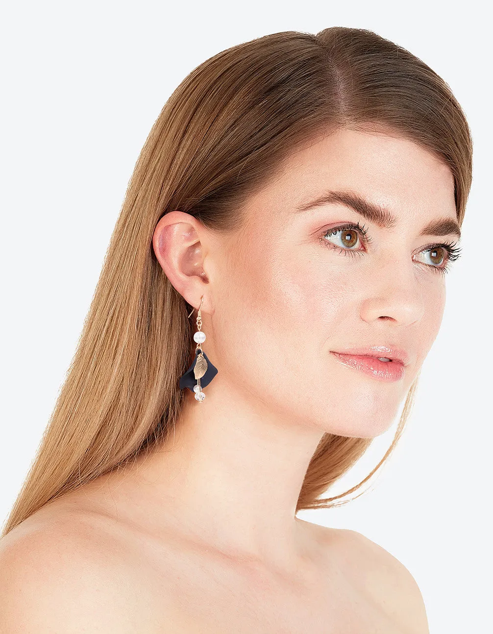 Navy Pearlised Petal Drop Earrings