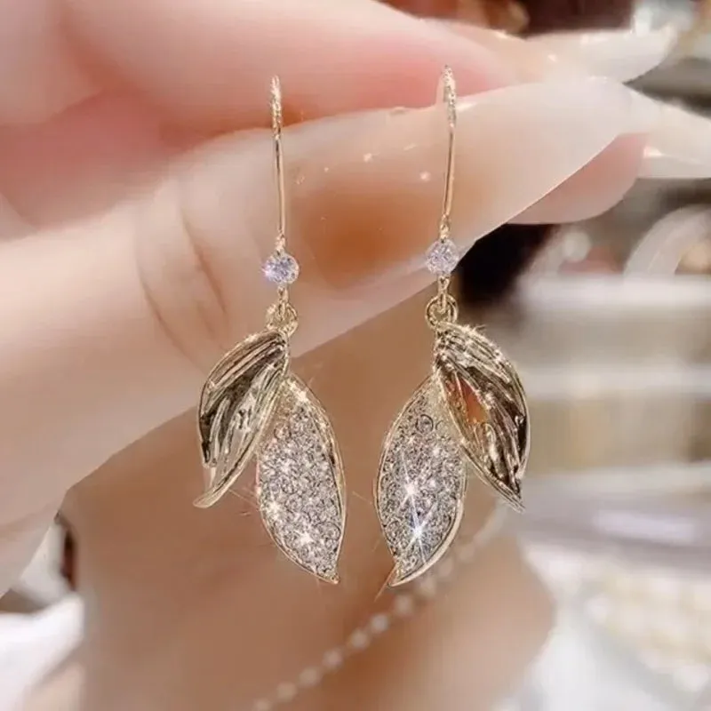 New Fashion Temperament Simple Full Zircon Micro-set Leaf 2024 Earring