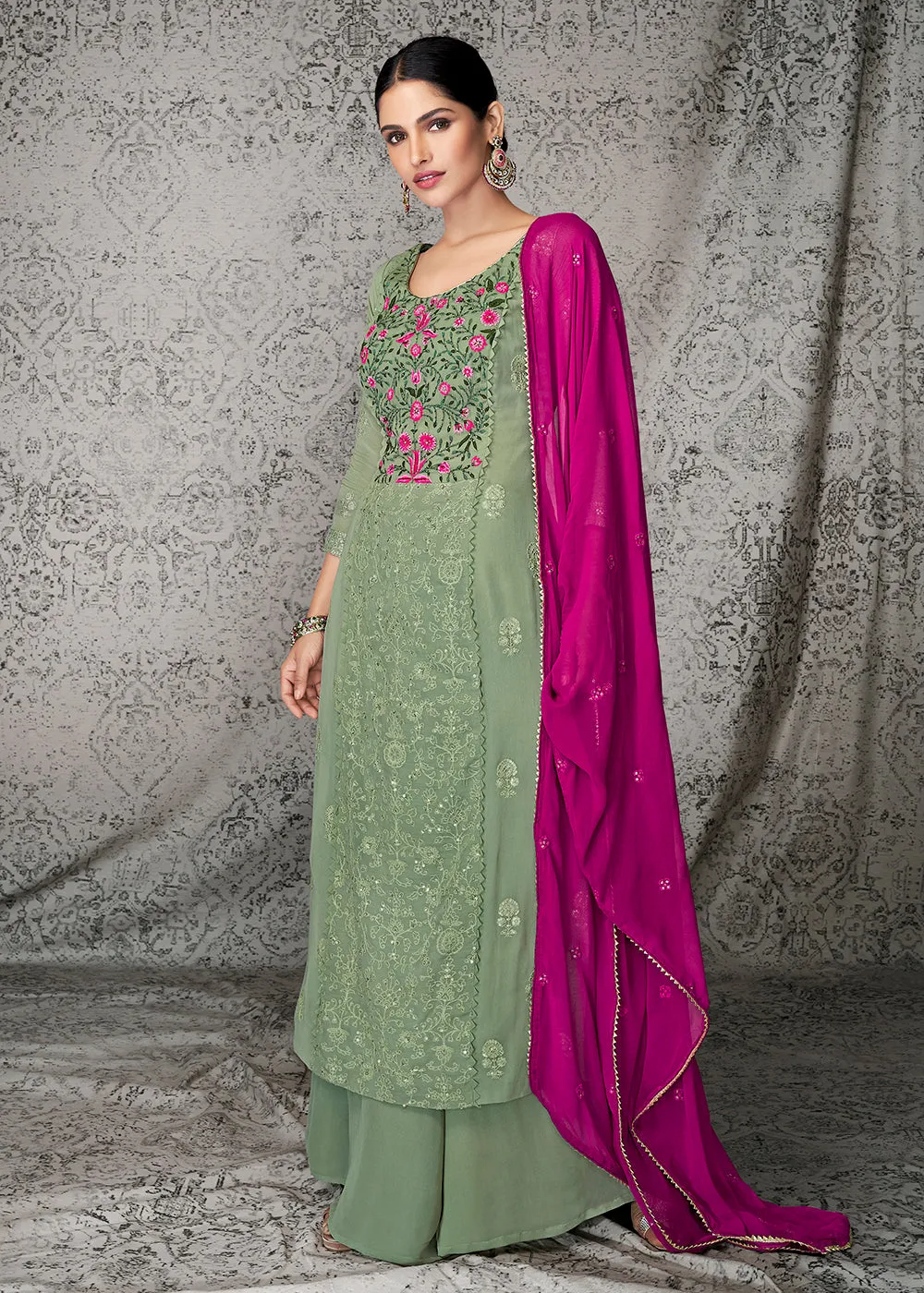 Olive Green Georgette Wedding & Festival Palazzo Suit