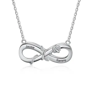 Personalized Engrave 2 Names Rose Flower Pendant Customzied Infinity Love Chain Necklace Valentines Gift for Girlfriend