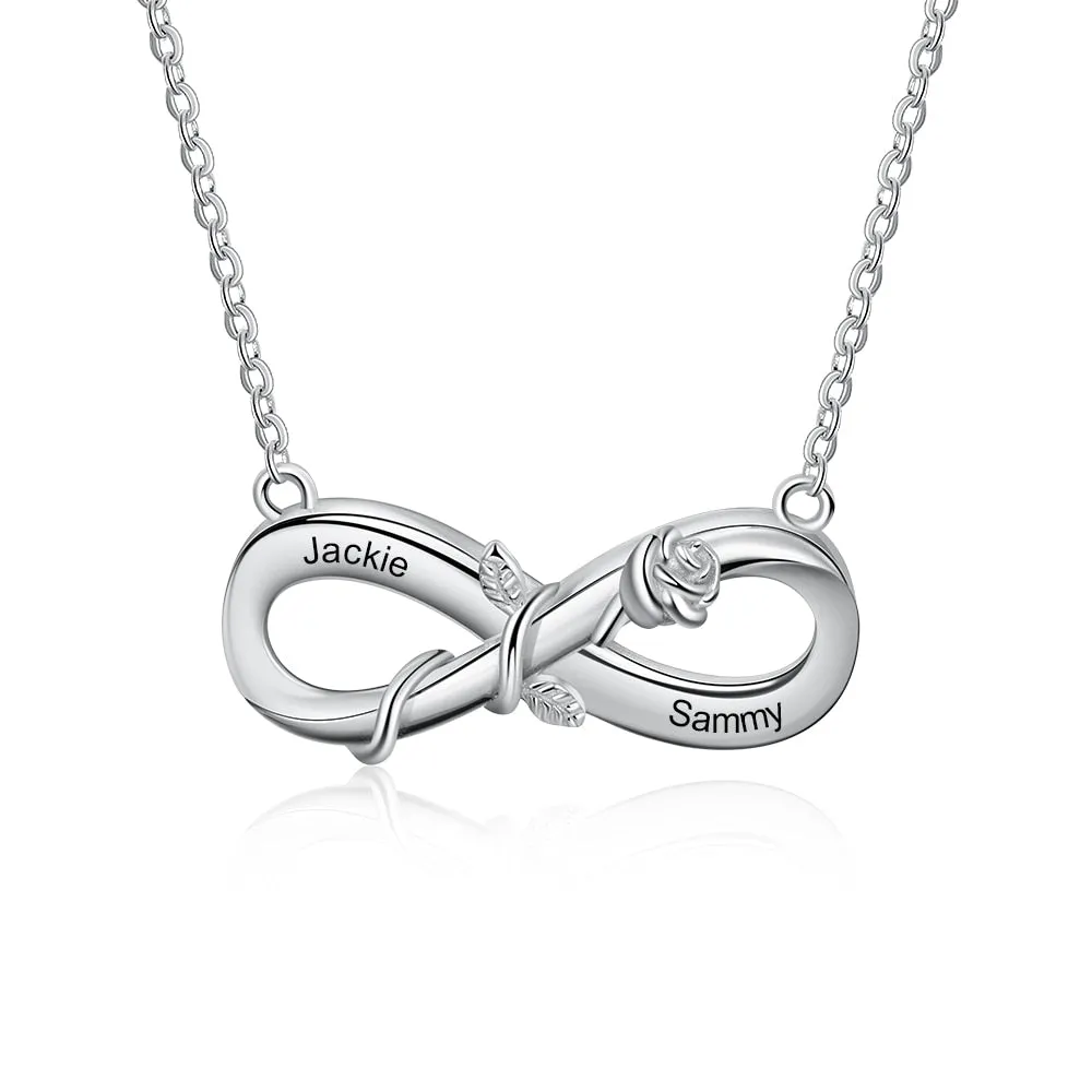 Personalized Engrave 2 Names Rose Flower Pendant Customzied Infinity Love Chain Necklace Valentines Gift for Girlfriend