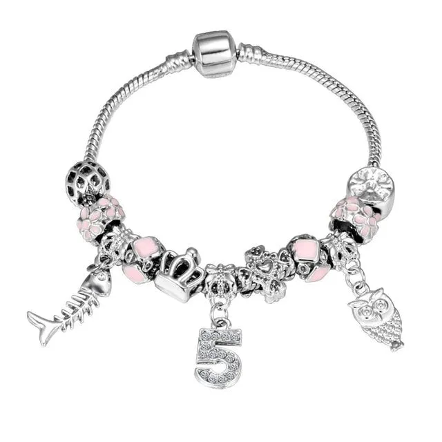 Pink Crystal Charm Silver Color Bracelets & Bangles for Women Murano Beads Silver Plated Bracelet Jewelry