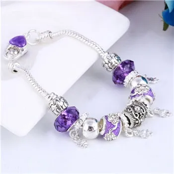 Pink Crystal Charm Silver Color Bracelets & Bangles for Women Murano Beads Silver Plated Bracelet Jewelry