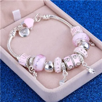 Pink Crystal Charm Silver Color Bracelets & Bangles for Women Murano Beads Silver Plated Bracelet Jewelry