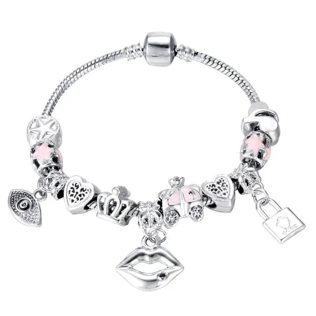 Pink Crystal Charm Silver Color Bracelets & Bangles for Women Murano Beads Silver Plated Bracelet Jewelry