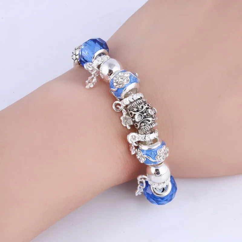 Pink Crystal Charm Silver Color Bracelets & Bangles for Women Murano Beads Silver Plated Bracelet Jewelry