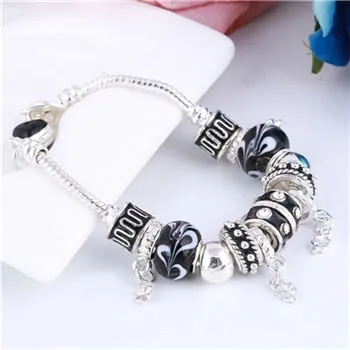 Pink Crystal Charm Silver Color Bracelets & Bangles for Women Murano Beads Silver Plated Bracelet Jewelry