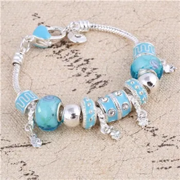 Pink Crystal Charm Silver Color Bracelets & Bangles for Women Murano Beads Silver Plated Bracelet Jewelry