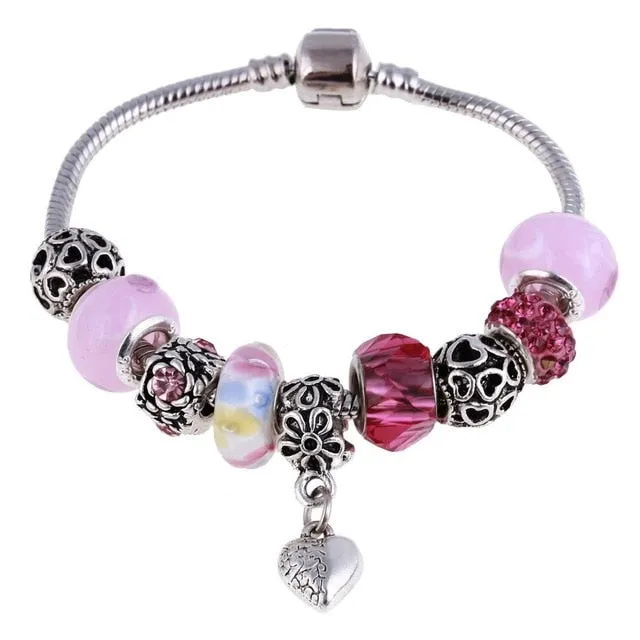 Pink Crystal Charm Silver Color Bracelets & Bangles for Women Murano Beads Silver Plated Bracelet Jewelry