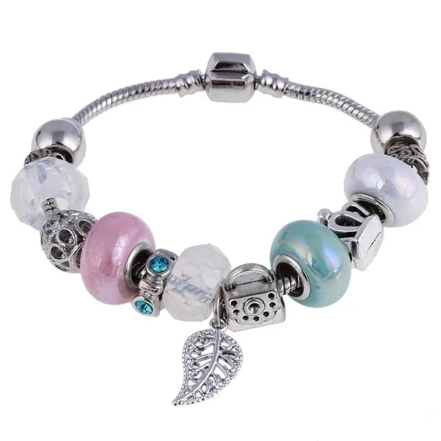 Pink Crystal Charm Silver Color Bracelets & Bangles for Women Murano Beads Silver Plated Bracelet Jewelry