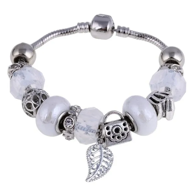 Pink Crystal Charm Silver Color Bracelets & Bangles for Women Murano Beads Silver Plated Bracelet Jewelry