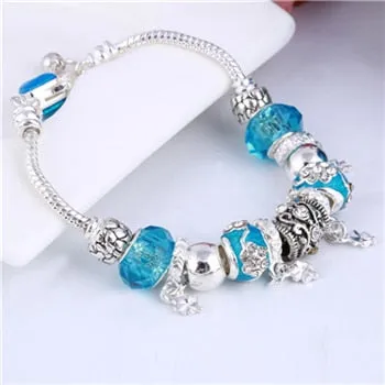 Pink Crystal Charm Silver Color Bracelets & Bangles for Women Murano Beads Silver Plated Bracelet Jewelry