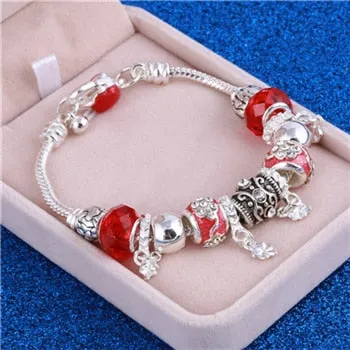 Pink Crystal Charm Silver Color Bracelets & Bangles for Women Murano Beads Silver Plated Bracelet Jewelry