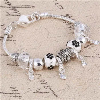 Pink Crystal Charm Silver Color Bracelets & Bangles for Women Murano Beads Silver Plated Bracelet Jewelry