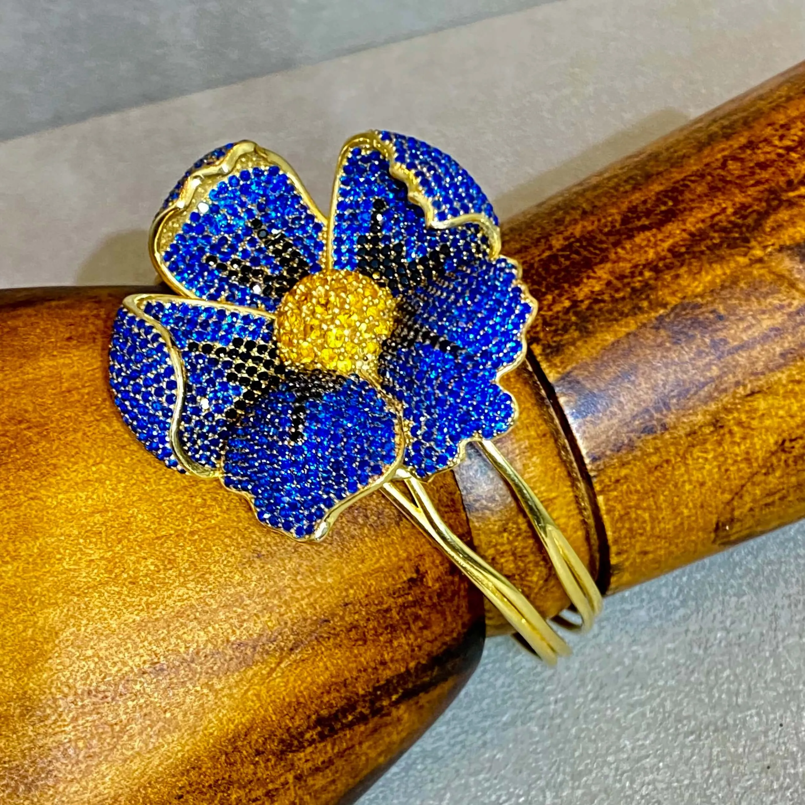 Poppy Flower Cuff Bangle In Sapphire Blue Zirconia