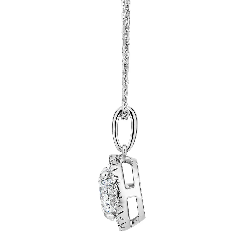 Premium Certified Laboratory Created Diamond, 1.19 carat TW round brilliant halo pendant in 14 carat white gold