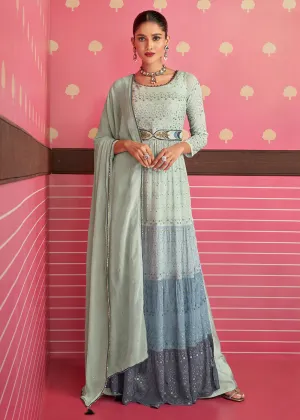 Pretty Multicolor Blue Embroidered Long Palazzo Suit