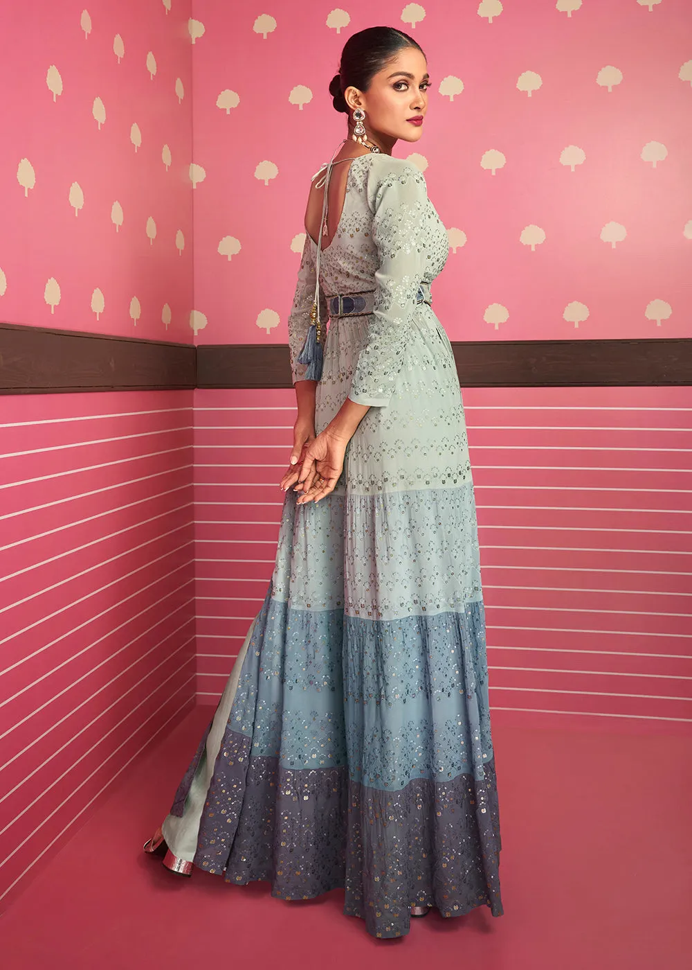 Pretty Multicolor Blue Embroidered Long Palazzo Suit