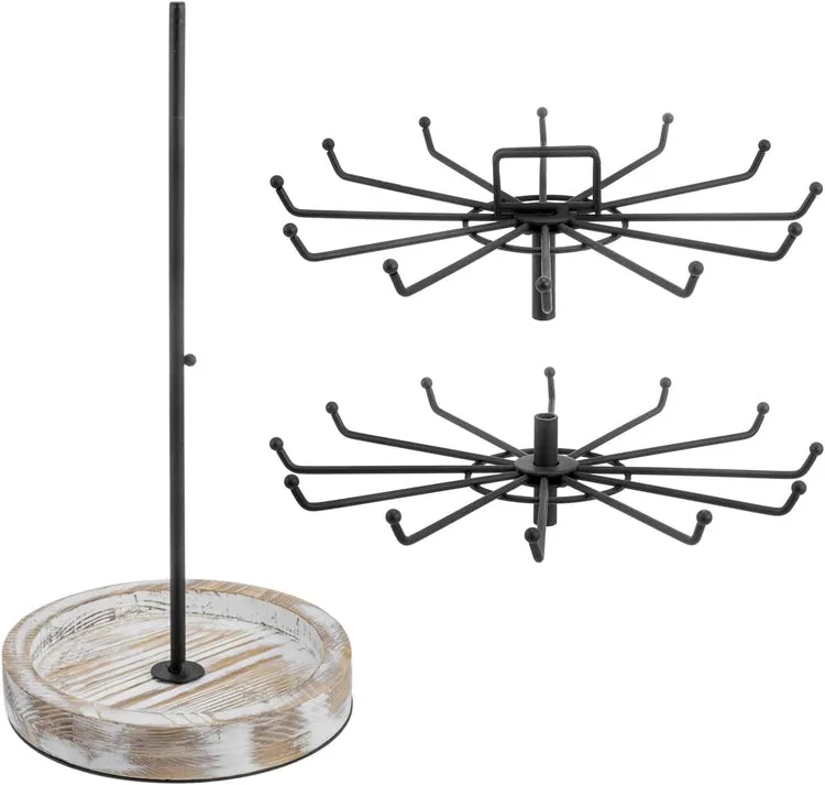 Rotating Tiered Jewelry Tree in Black Metal with Whitewashed Wood Base, Spinning Necklace Tower Display Stand