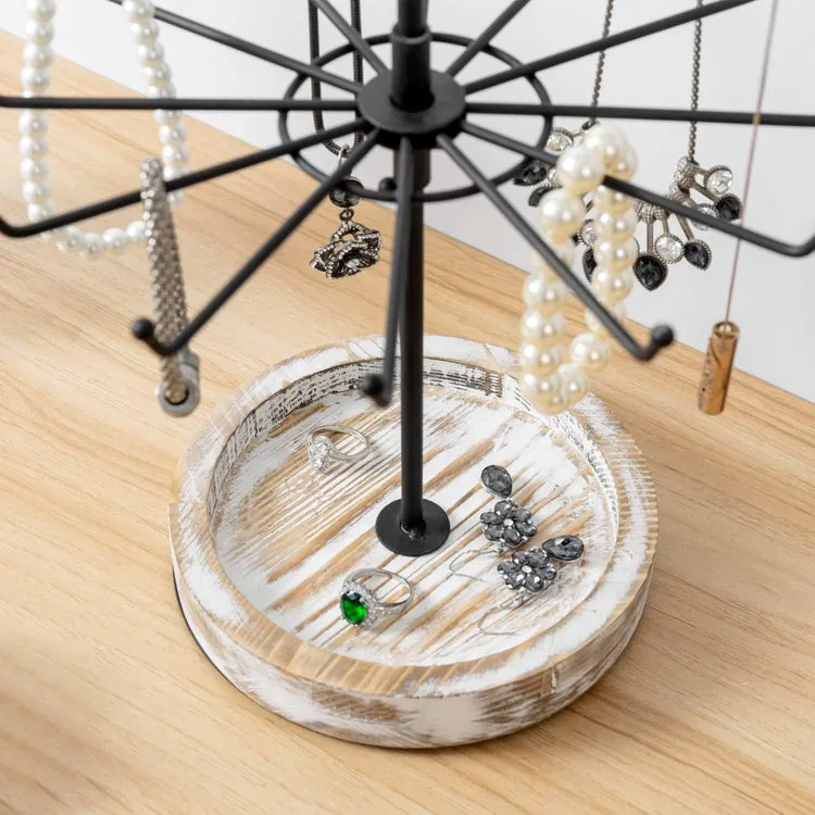 Rotating Tiered Jewelry Tree in Black Metal with Whitewashed Wood Base, Spinning Necklace Tower Display Stand