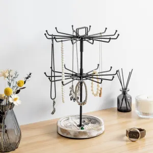 Rotating Tiered Jewelry Tree in Black Metal with Whitewashed Wood Base, Spinning Necklace Tower Display Stand