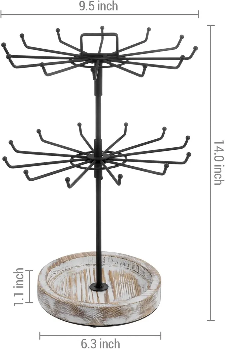 Rotating Tiered Jewelry Tree in Black Metal with Whitewashed Wood Base, Spinning Necklace Tower Display Stand