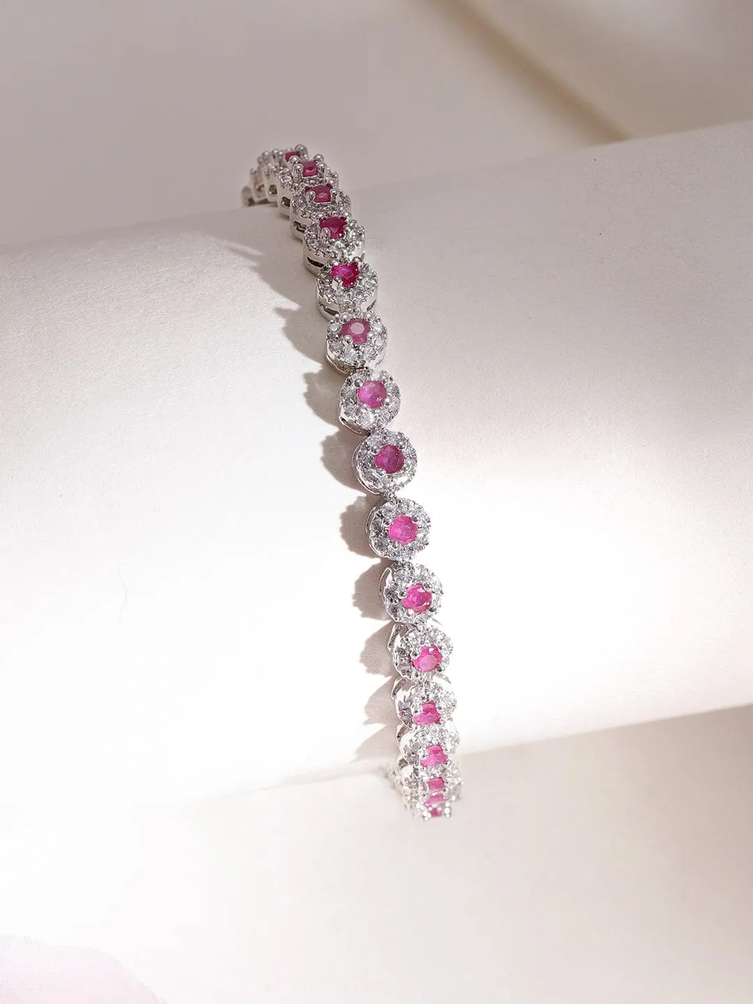 Rubans Rhodium plated Pink Sapphire Crystal Zirconia Chic Demi-Fine Tennis Bracelet