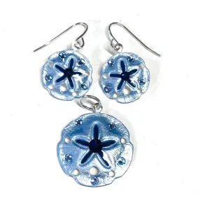 Sand Dollar Earrings and Pendant Set Light Denim Blue