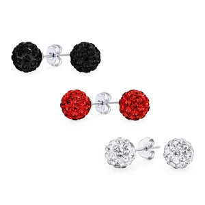 Set of 3 Sterling Silver Drop Ball Earrings with Red Black Clear Crystals