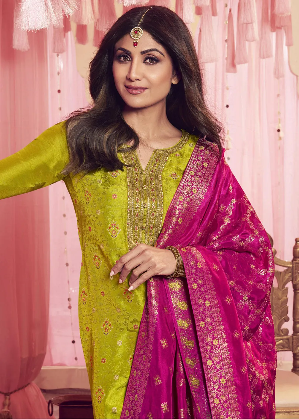 Shilpa Shetty Neon Green Mehndi Wear Salwar Suit