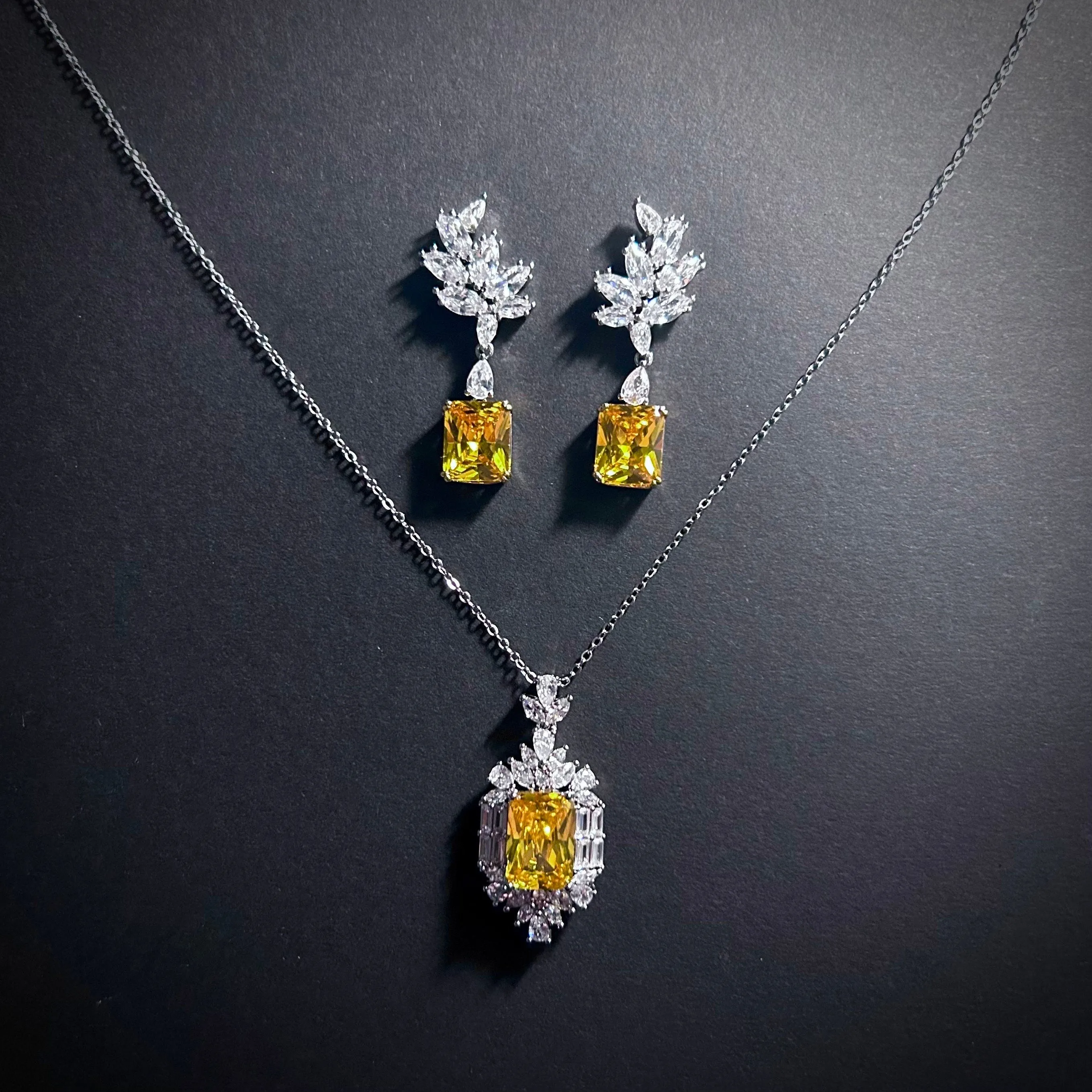 Silver & Citrine Rectangle Crystal Jewerly Set