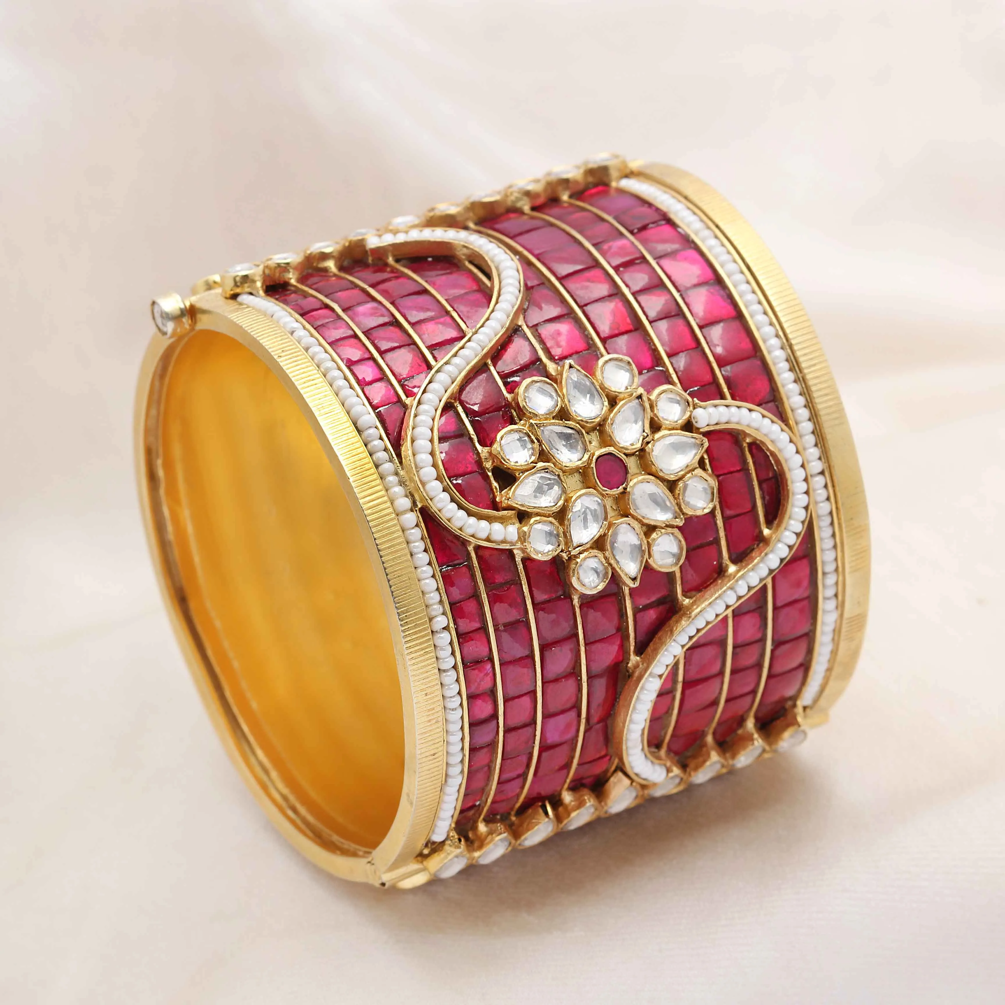 Silver gold plated pink jadau bangle