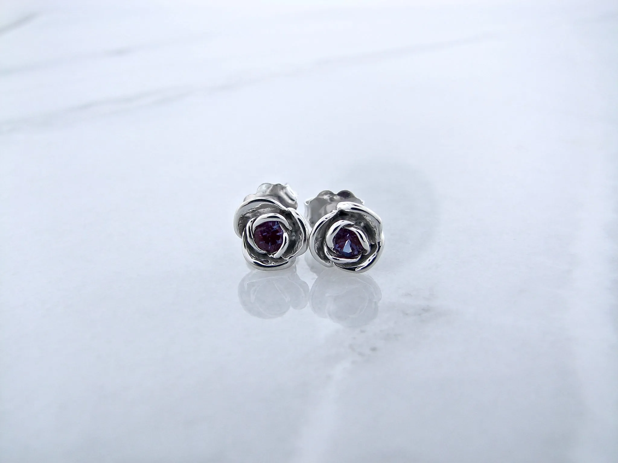 Silver Petite Rosebud Earring Studs Alexandrite