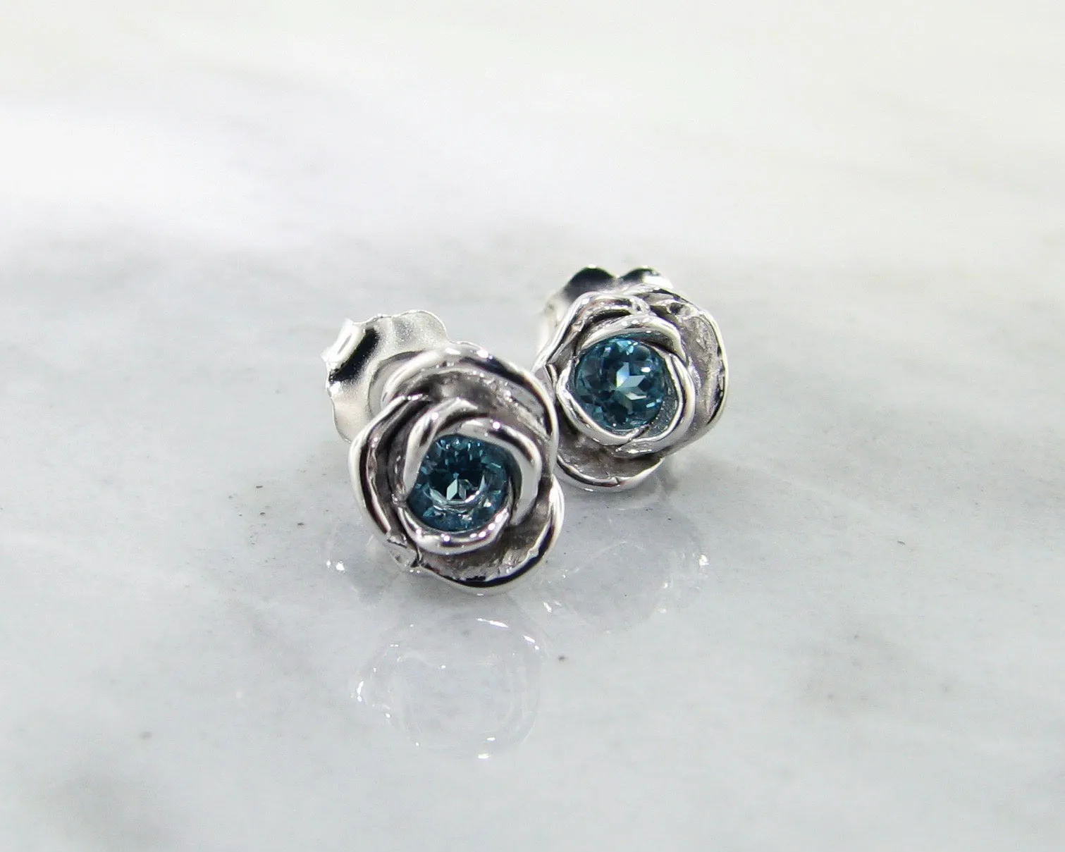 Silver Petite Rosebud Earring Studs Swiss Blue Topaz