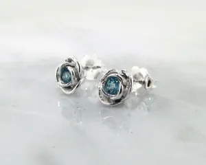 Silver Petite Rosebud Earring Studs Swiss Blue Topaz