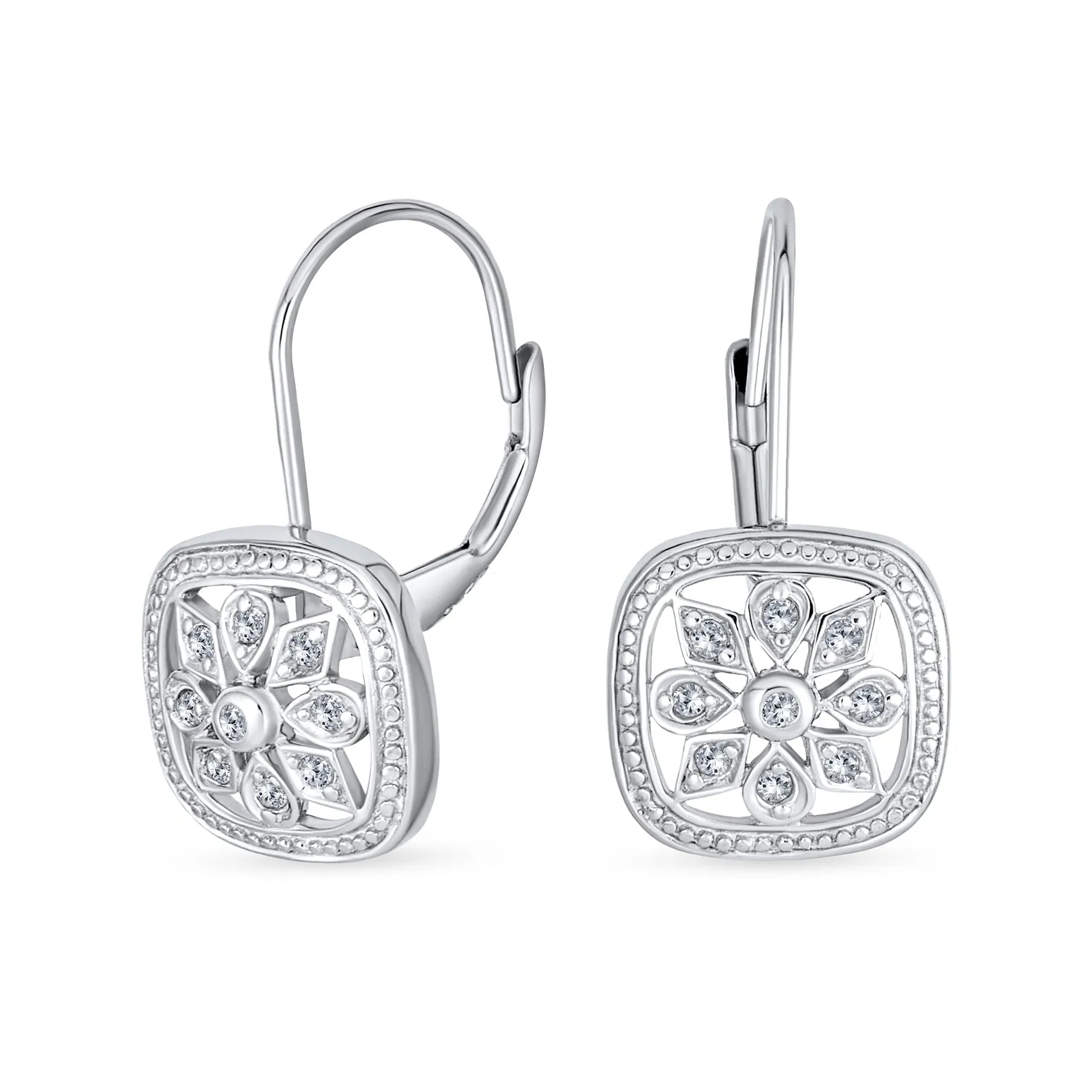 Square Art Deco Dangle Chandelier Earrings CZ Snowflake Sterling Silver