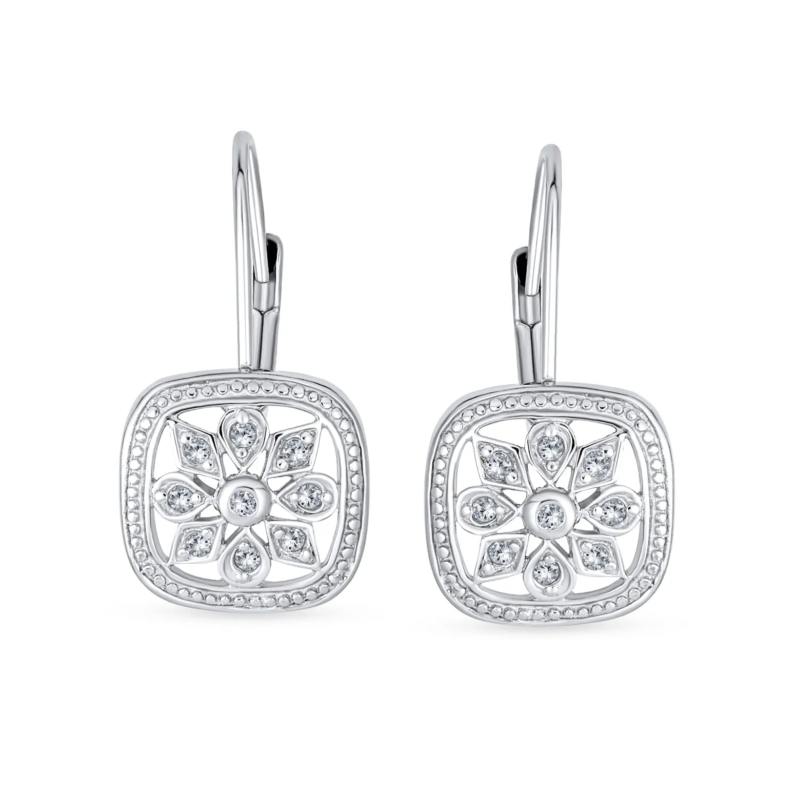 Square Art Deco Dangle Chandelier Earrings CZ Snowflake Sterling Silver