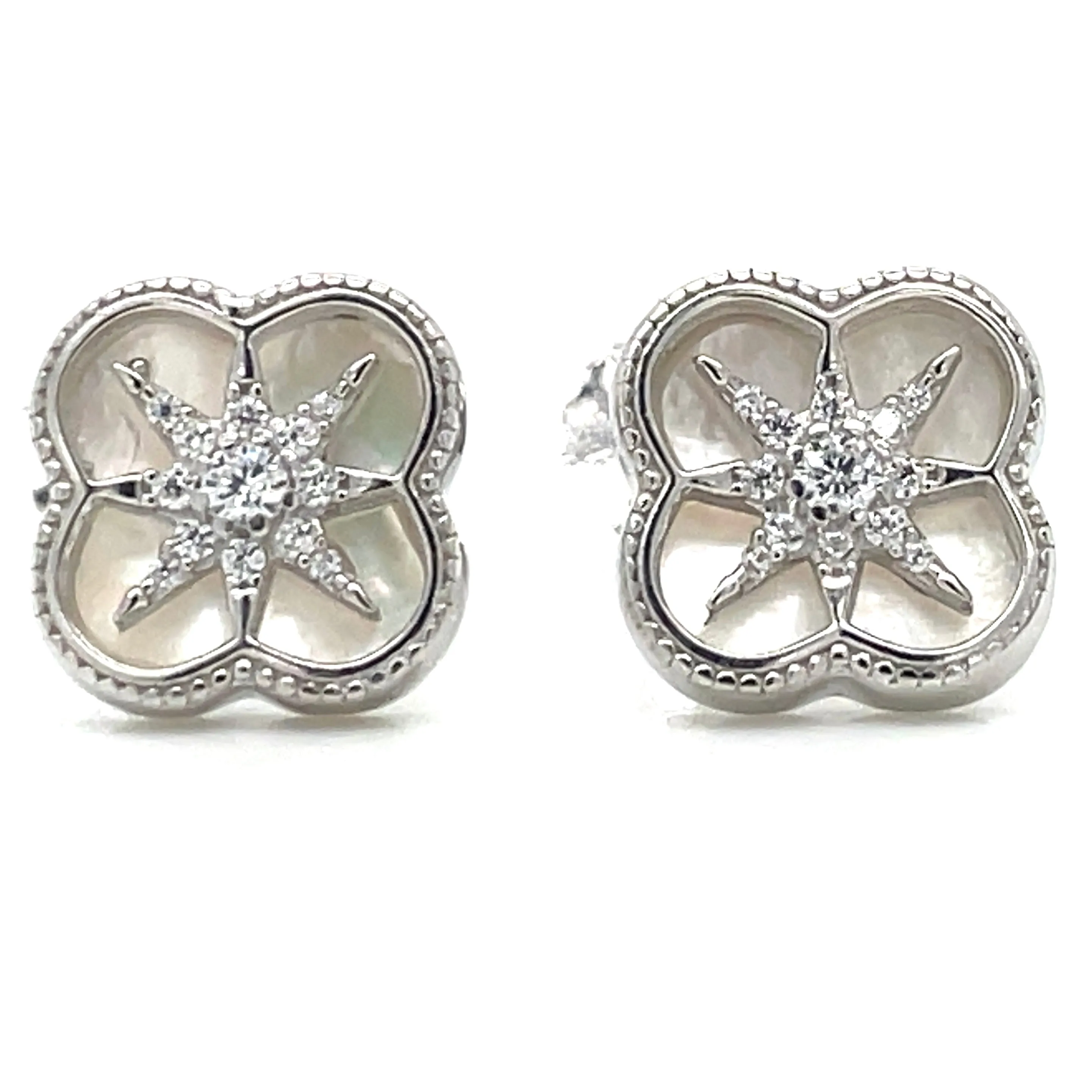 Sterling Silver Clover Cz Stud Earrings