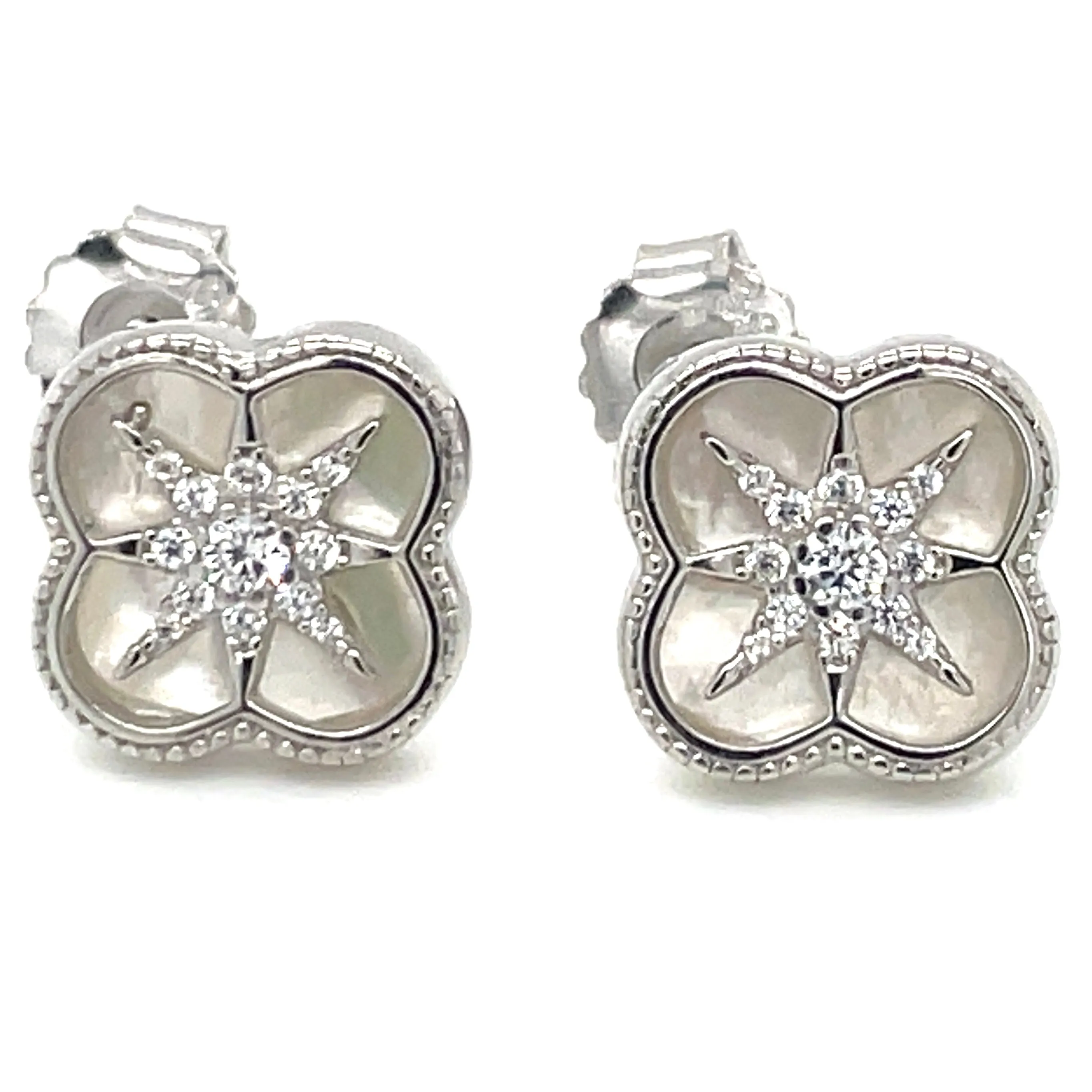 Sterling Silver Clover Cz Stud Earrings