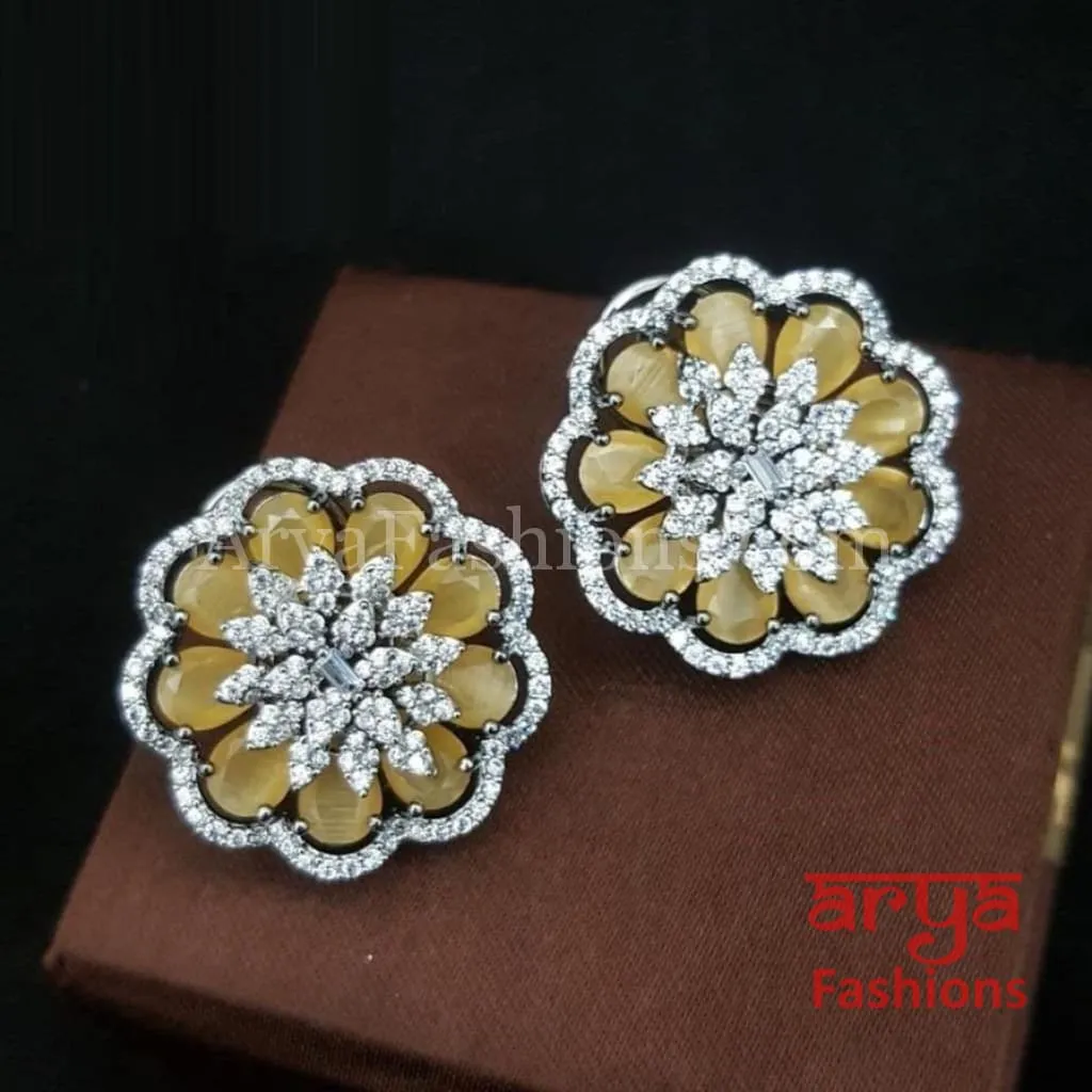 Tahi CZ Studs with Silver stones in Black Victorian Finish/ Trendy Bollywood Stud Earrings