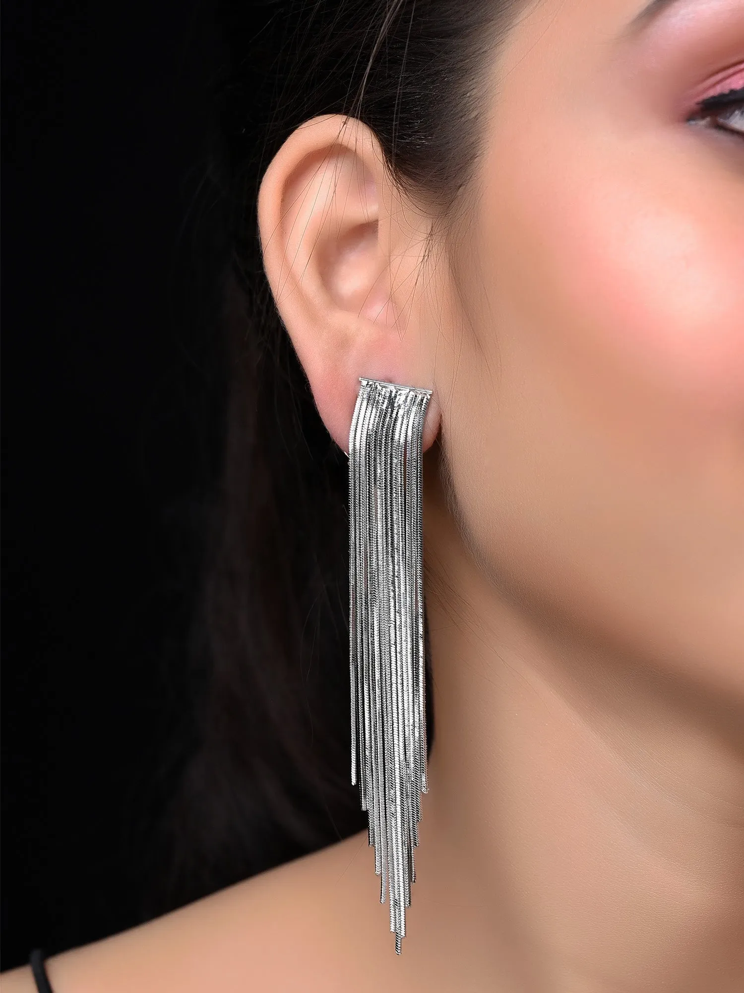 Takshi Long Silver Chain Earrings