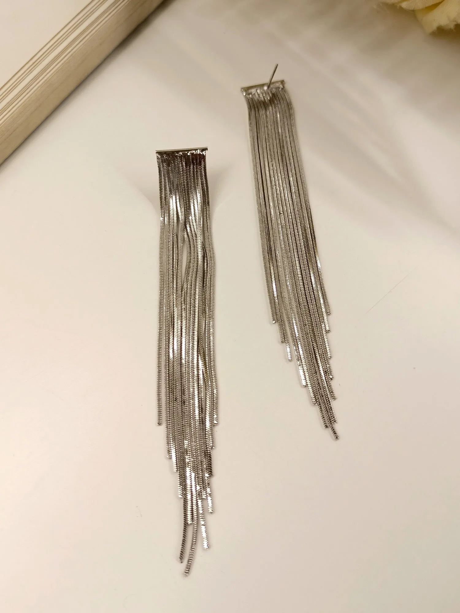 Takshi Long Silver Chain Earrings