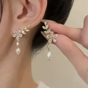 Trend Shiny Elegant Delicate Zircon Leaf Flower Pearl Fashion Earring