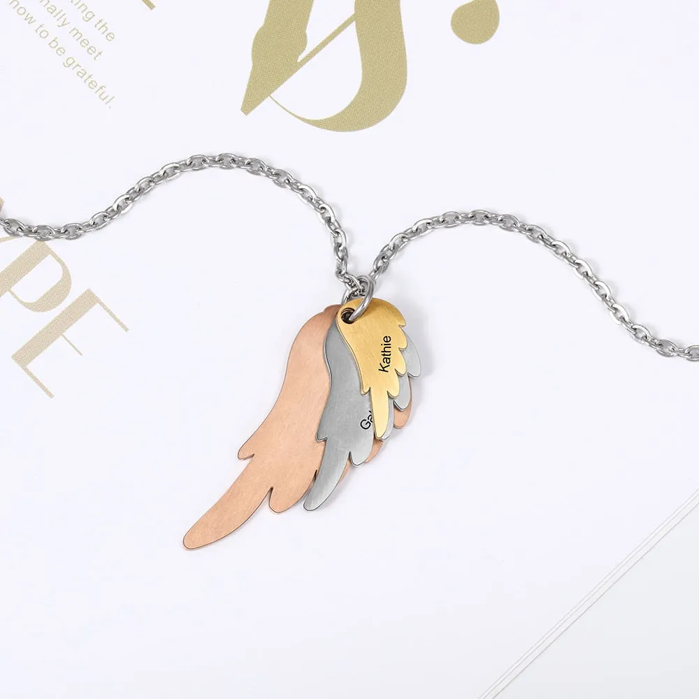 Wings Necklace with 3 Names Mixed Steel & Rose Gold & Gold Color Custom Family Necklace