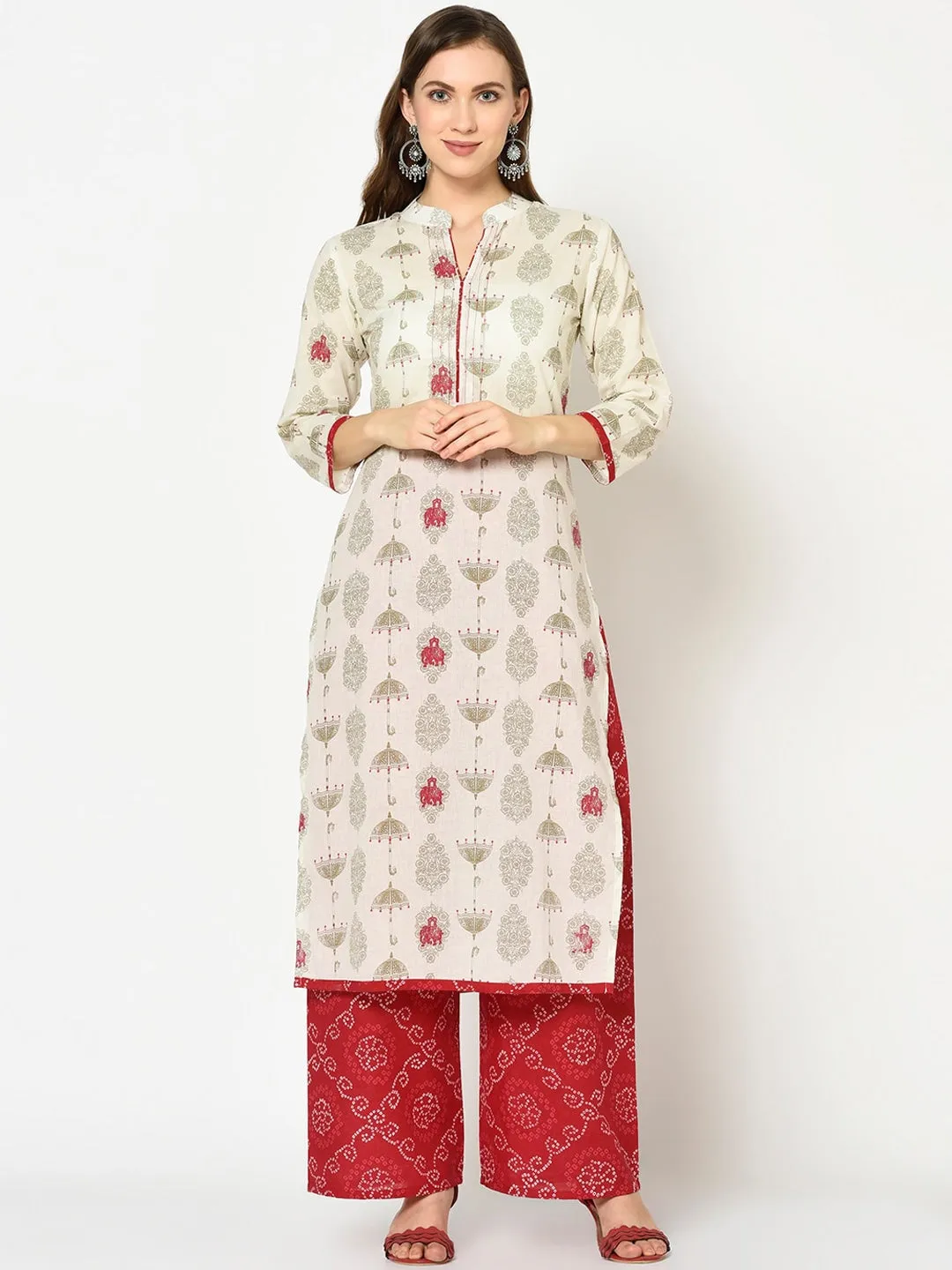 Women Off-White & Green Printed Kurta Set