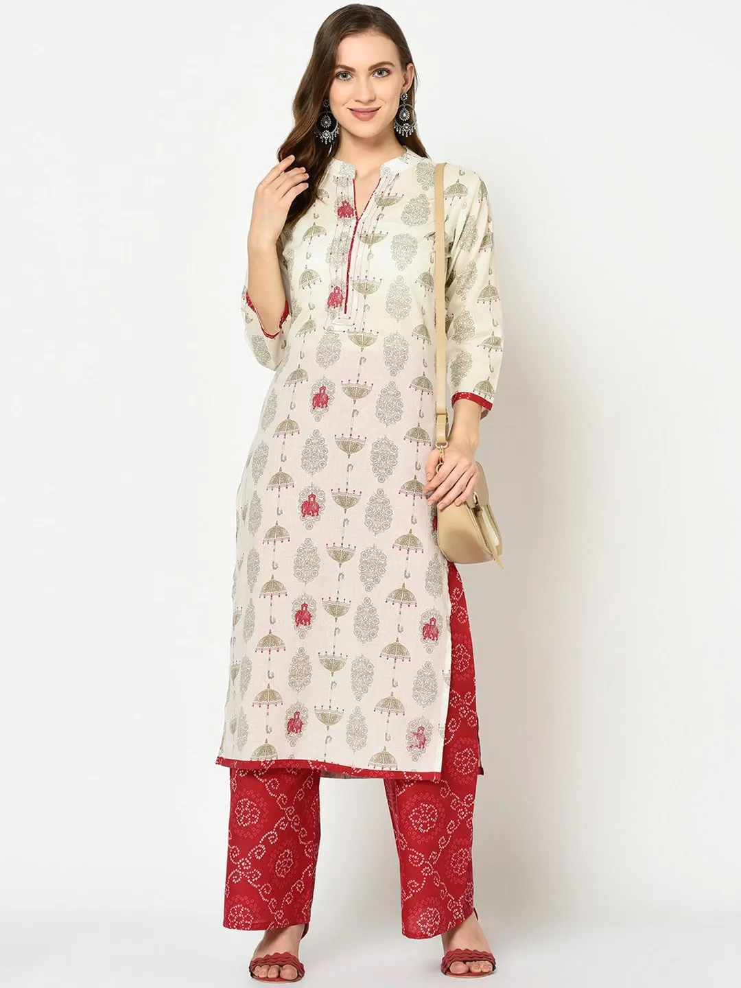 Women Off-White & Green Printed Kurta Set