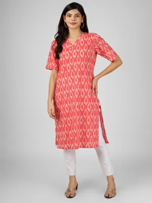 Women's Pink Ikat Printed Cotton Straight Kurta with pocket