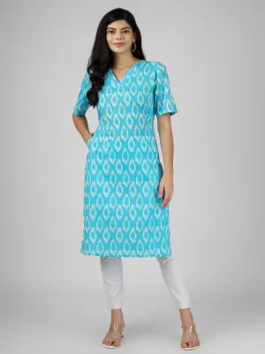 Women's Skyblue Ikat Printed Cotton Straight Kurta with pocket