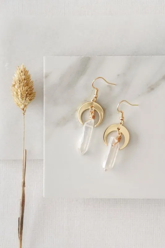 Xander Kostroma Raw Quartz Crystal Moon Earrings - 5.5-6.0mm Gold-Plated Earrings for Women - Handmade Healing Jewelry, Unique Crystal Earrings, Energy Amplifier & Elegant Accessory